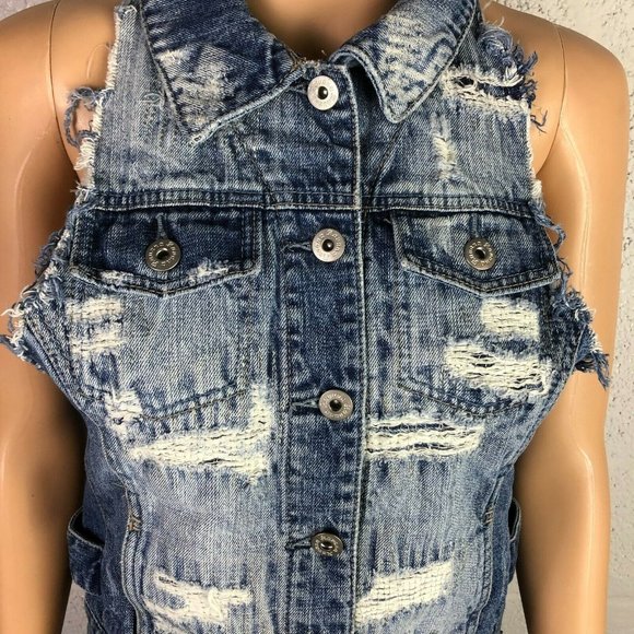 Vintage Havanna Distressed Sleeveless Denim Vest Jacket Style Hood Size S - Picture 6 of 10